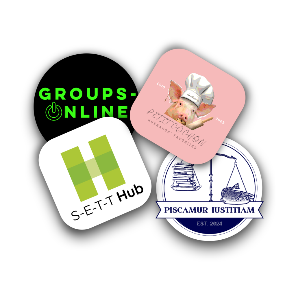 Four custom logo designs: 1) Pig with chef hat eating a cookie on pink background, 2) Neon green 'Groups-Online' logo with 'o' as a turn-on button on black background, 3) Green stylized 'H' with 'S-E-T-T Hub' text, 4) Lady of justice scale with fish and books tipping, in dark blue line illustration on white background.