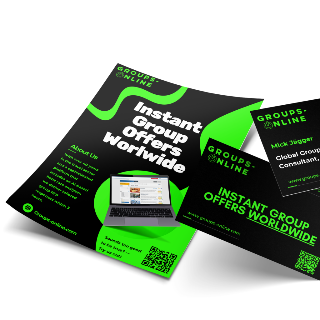 Modern neon green and black brochure flyer with 'Instant Groups Worldwide' in big white text, alongside business cards displaying 'Mick Jägger' and 'Instant Group Offers Worldwide', with a QR code