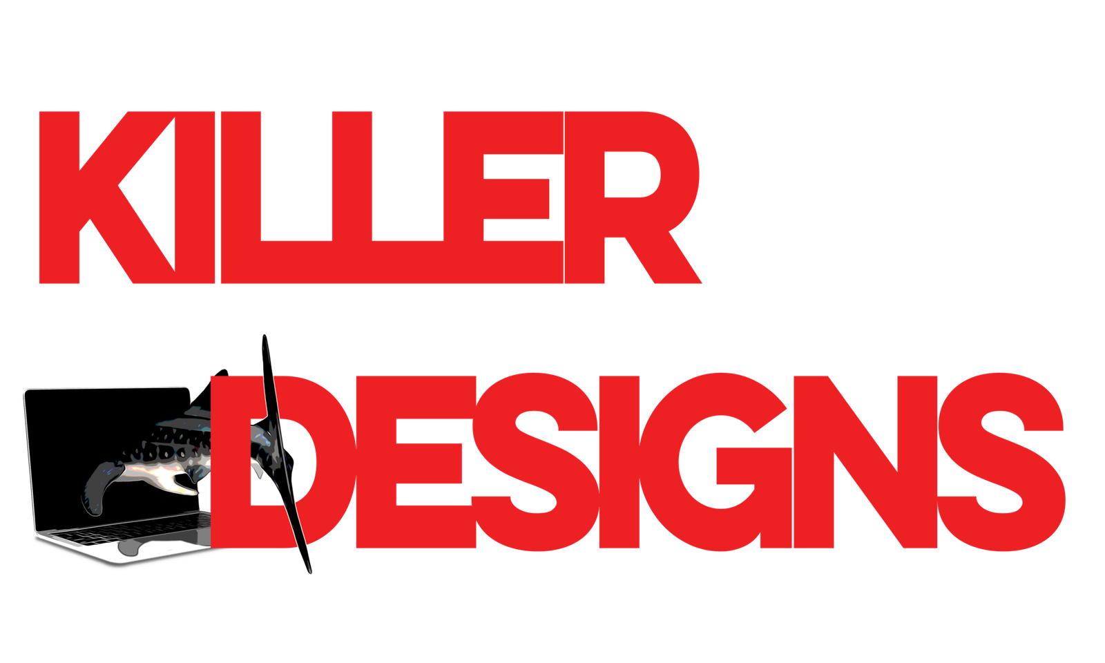 Big bold red capitalised lettering with a shark entering a capital D. Spelling out "KILLER DESIGNS"